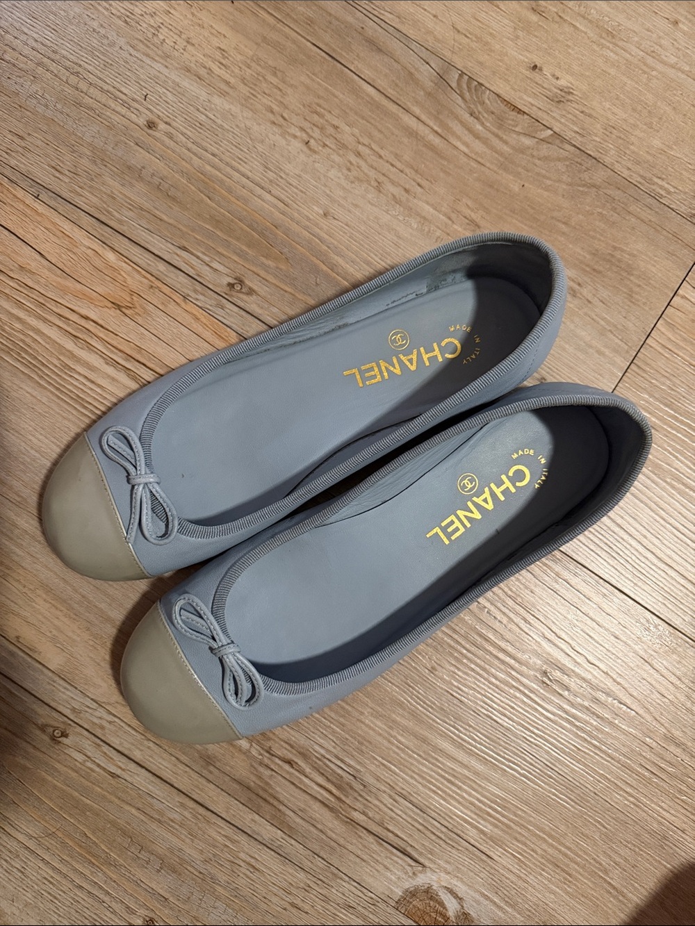 CHANEL Light Blue Ballet Flats with gray front
